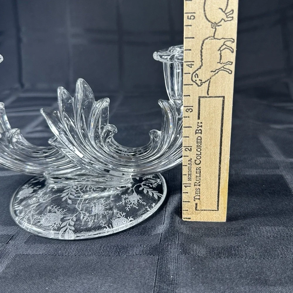 Vintage Crystal Fostoria Baroque‎ Double Candle Sticks Chintz Etched Pattern
